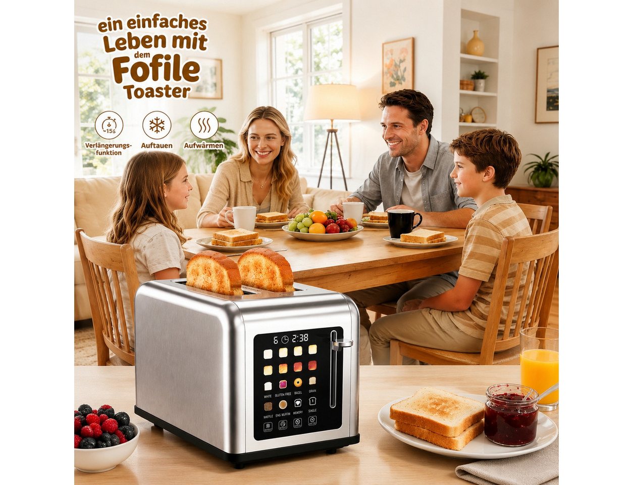 Fofile Toaster toaster 4 scheiben, 1760 W, Display, Bräunungsgrad auf Knopfdruck, 4 kurze Schlitze, für 4 Scheiben, 1760 W, LED Anzeige, Berührungskontrolle, 8 Bräunungsstufen, 6 Brotsorten Bild 2