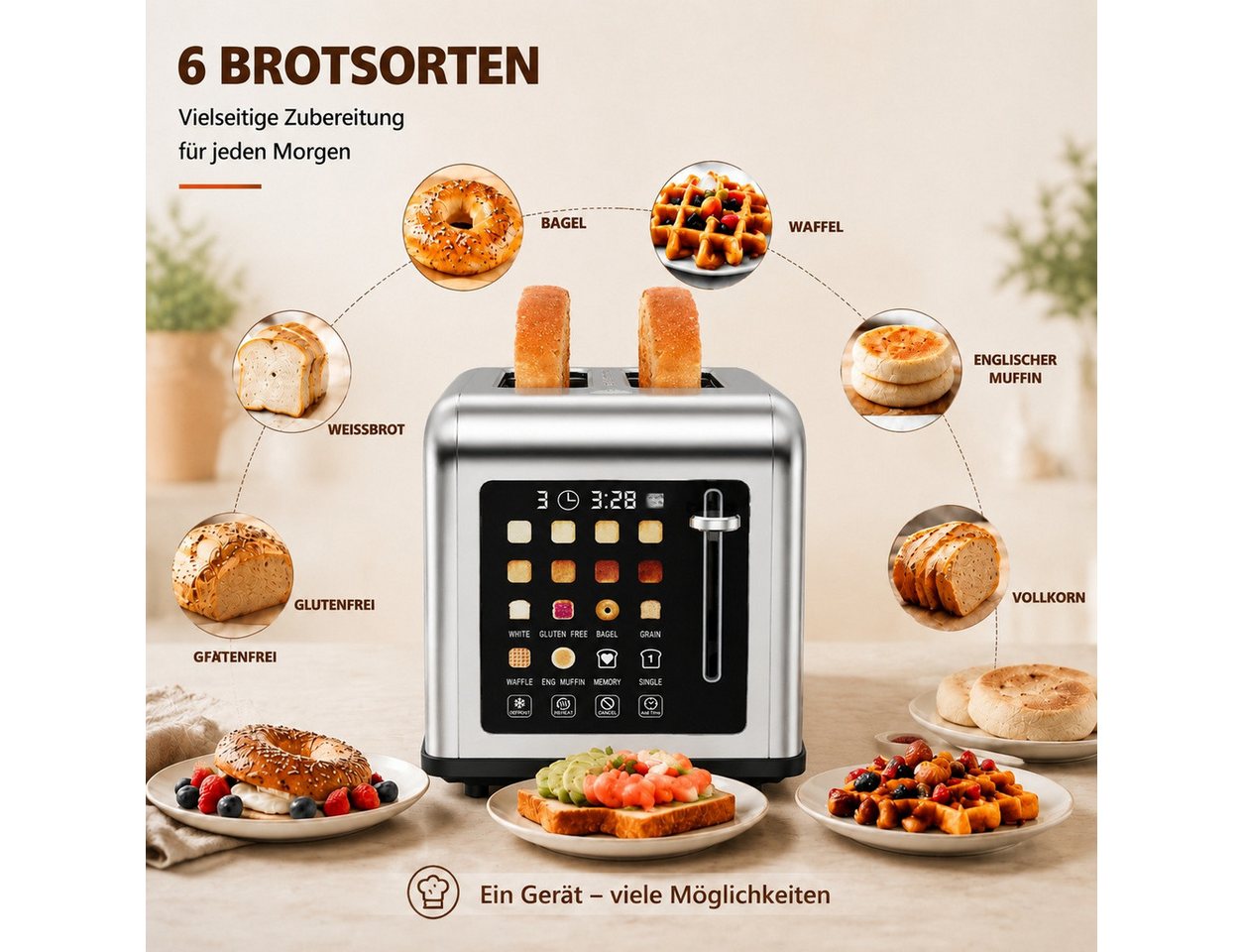 Fofile Toaster toaster 4 scheiben, 1760 W, Display, Bräunungsgrad auf Knopfdruck, 4 kurze Schlitze, für 4 Scheiben, 1760 W, LED Anzeige, Berührungskontrolle, 8 Bräunungsstufen, 6 Brotsorten Bild 3