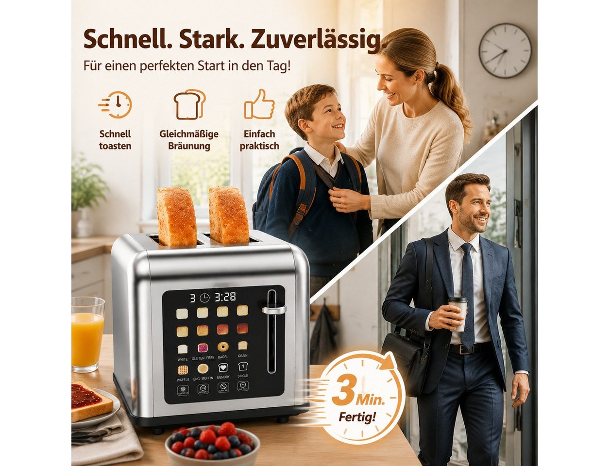Fofile Toaster toaster 4 scheiben, 1760 W, Display, Bräunungsgrad auf Knopfdruck, 4 kurze Schlitze, für 4 Scheiben, 1760 W, LED Anzeige, Berührungskontrolle, 8 Bräunungsstufen, 6 Brotsorten Bild 5