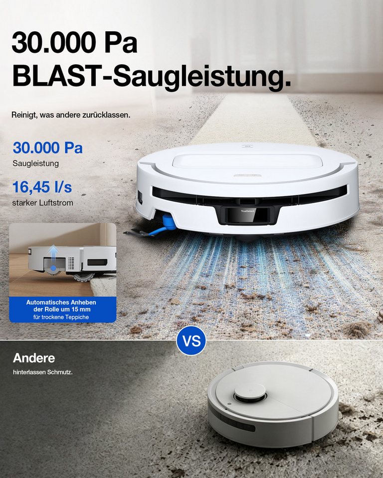 ECOVACS Saugroboter DEEBOT T90 MAX Omni Saugroboter mit Wischfunktion, 30.000 Pa Blast, 60 W, OZMO ROLLER 3.0 Wischwalze mit Selbstreinigung, TruEdge 3.0 Kantenreinigung, ZeroTangle 4.0, Heißwasser-Moppwäsche, 5200 mAh, 15 mm Automatische Wischanhebung