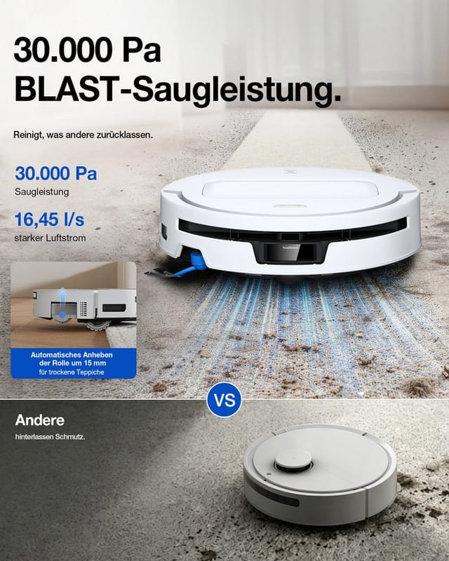 ECOVACS Saugroboter DEEBOT T90 MAX Omni Saugroboter mit Wischfunktion, 30.000 Pa Blast, 60 W, OZMO ROLLER 3.0 Wischwalze mit Selbstreinigung, TruEdge 3.0 Kantenreinigung, ZeroTangle 4.0, 5200 mAh, 15 mm Automatische Wischanhebung