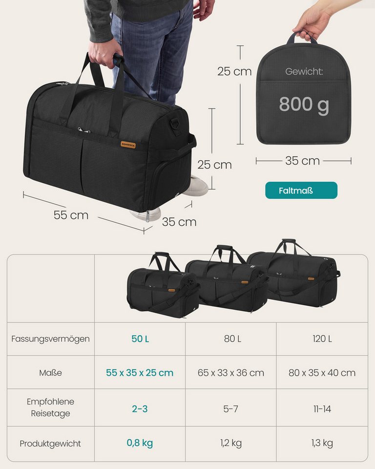 SONGMICS Reisetasche Reisetasche mit Schuhfach & Nassfach, Faltbare Sporttasche Weekender, 50 L, 55 x 35 x 25 cm, Schwarz