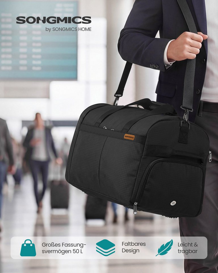 SONGMICS Reisetasche Reisetasche mit Schuhfach & Nassfach, Faltbare Sporttasche Weekender, 50 L, 55 x 35 x 25 cm, Schwarz Bild 4