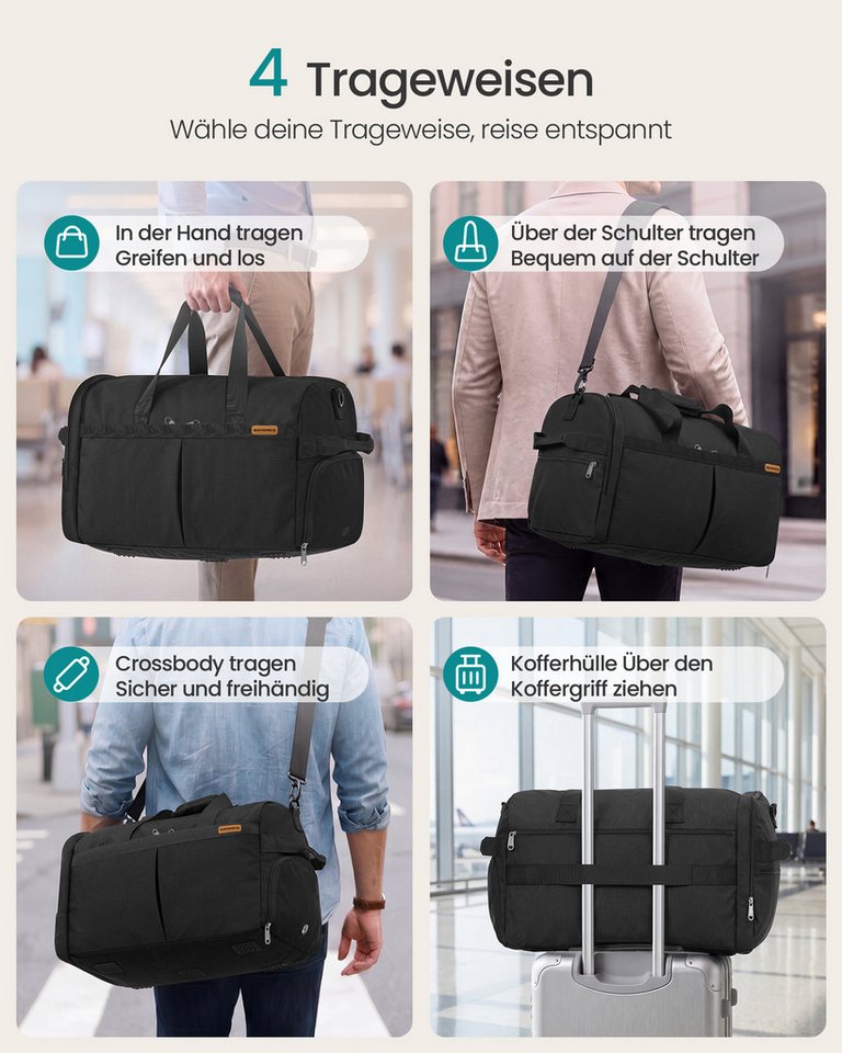 SONGMICS Reisetasche Reisetasche mit Schuhfach & Nassfach, Faltbare Sporttasche Weekender, 50 L, 55 x 35 x 25 cm, Schwarz Bild 5