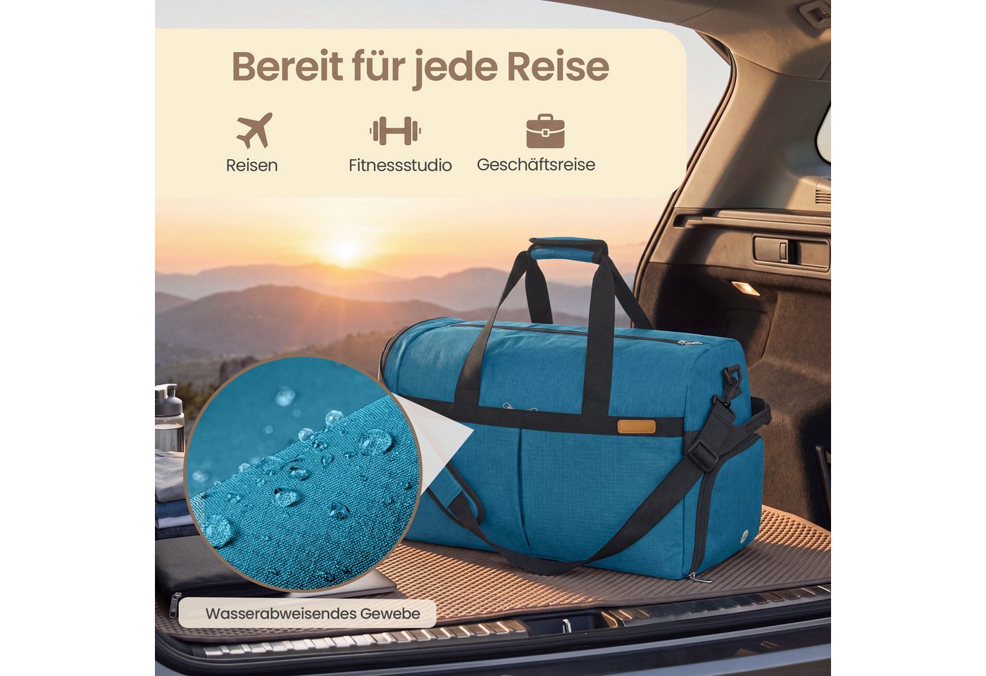 SONGMICS Reisetasche Reisetasche mit Schuhfach & Nassfach, Faltbare Sporttasche Weekender, 50 L, 55 x 35 x 25 cm, Blau