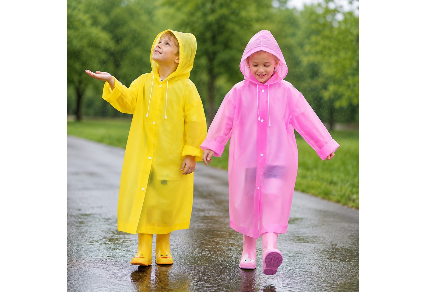 MOPUEA Regenmantel Regenmantel mit Kapuze Wasserdichter Regenponcho Verdickt & Verlängert (für Körpergröße 100–150 cm, 2-tlg) Leicht, Faltbar Schutz vor Regen Auf Reisen und im Alltag