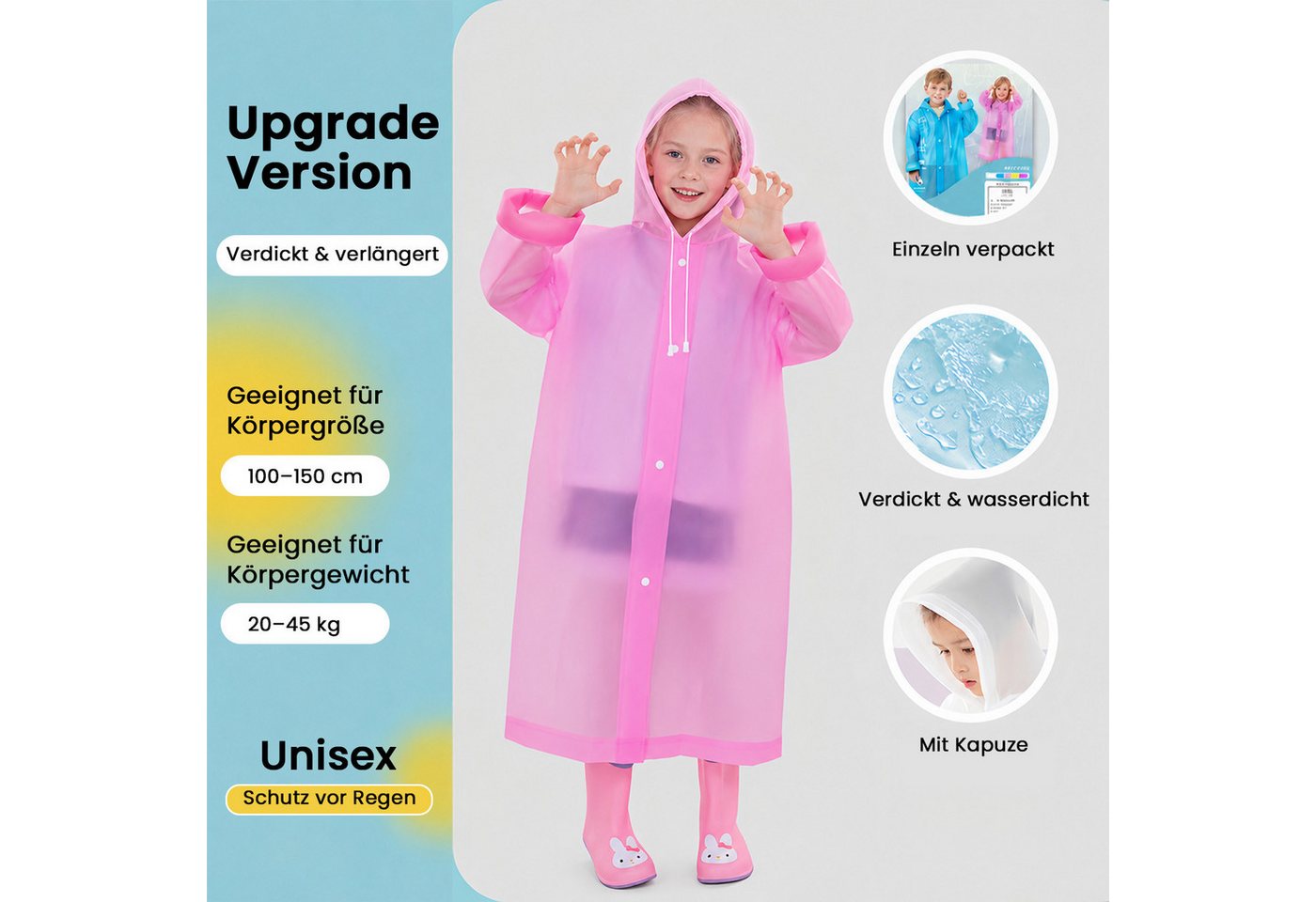 MOPUEA Regenmantel Regenmantel mit Kapuze Wasserdichter Regenponcho Verdickt & Verlängert (für Körpergröße 100–150 cm, 2-tlg) Leicht, Faltbar Schutz vor Regen Auf Reisen und im Alltag Bild 2