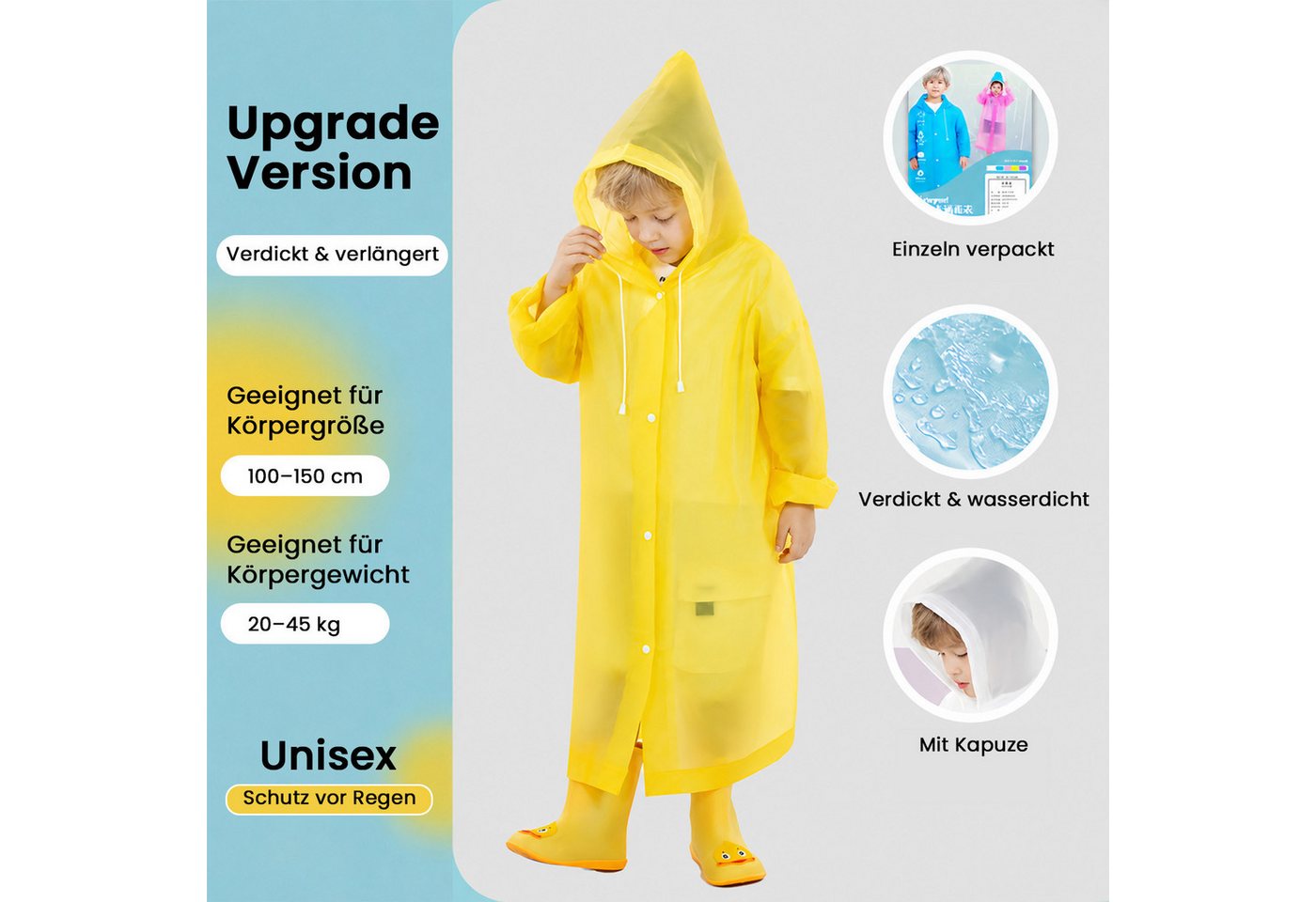 MOPUEA Regenmantel Regenmantel mit Kapuze Wasserdichter Regenponcho Verdickt & Verlängert (für Körpergröße 100–150 cm, 2-tlg) Leicht, Faltbar Schutz vor Regen Auf Reisen und im Alltag Bild 4