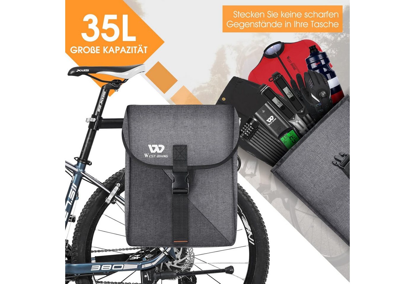 Kityhome Gepäckträgertasche 35L Fahrradtasche Set wasserdicht Reflektor stabil, 300D Polyester + PU-Nylon,Verstärkte Seitenwände,Wasserdicht Bild 5