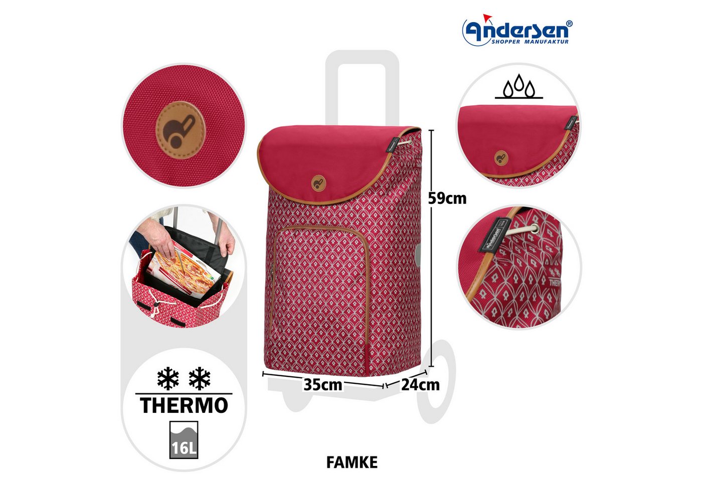 Andersen Einkaufstrolley Treppensteiger Scala Shopper Famke rot, Thermofach 16 Liter, belastbar bis 40kg, wasserabweisend
