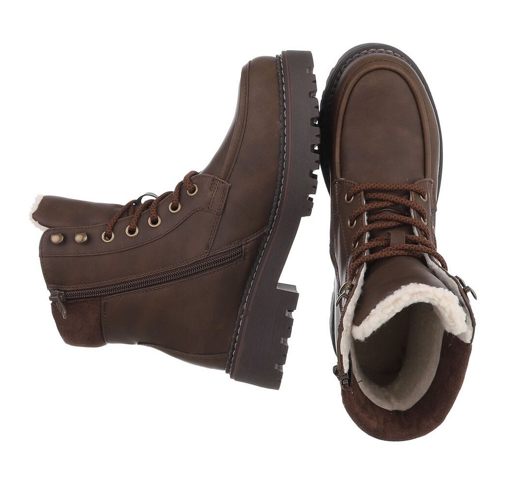 Ital-Design Damen Schnürstiefel mit Profilsohle und Reißverschluss Snowboots (92299795) Blockabsatz Plateaustiefeletten in Braun