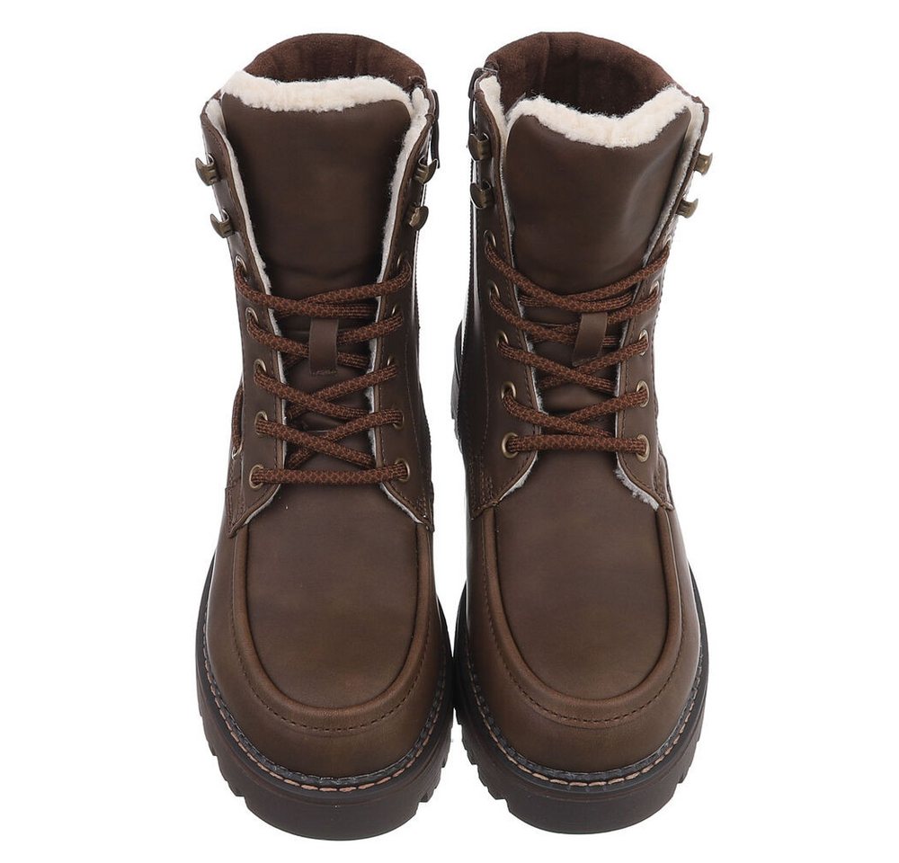 Ital-Design Damen Schnürstiefel mit Profilsohle und Reißverschluss Snowboots (92299795) Blockabsatz Plateaustiefeletten in Braun Bild 3