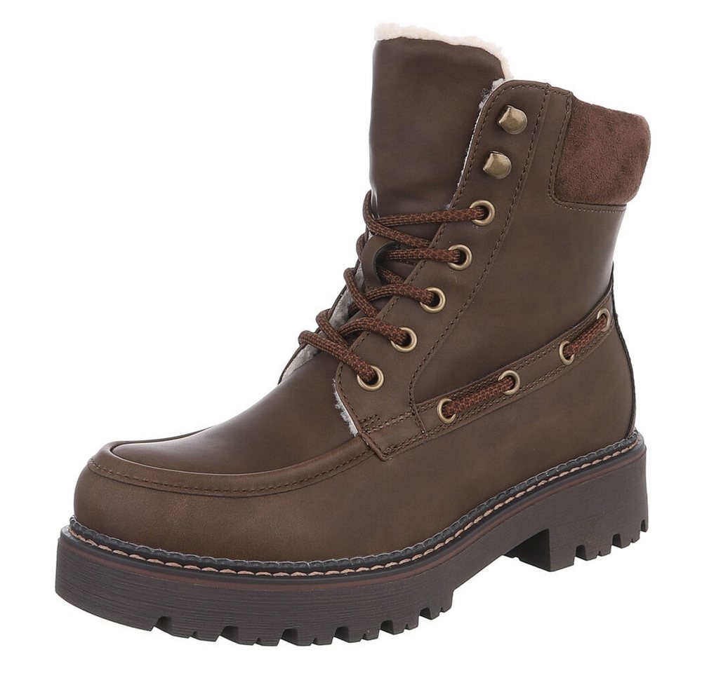 Ital-Design Damen Schnürstiefel mit Profilsohle und Reißverschluss Snowboots (92299795) Blockabsatz Plateaustiefeletten in Braun Bild 4