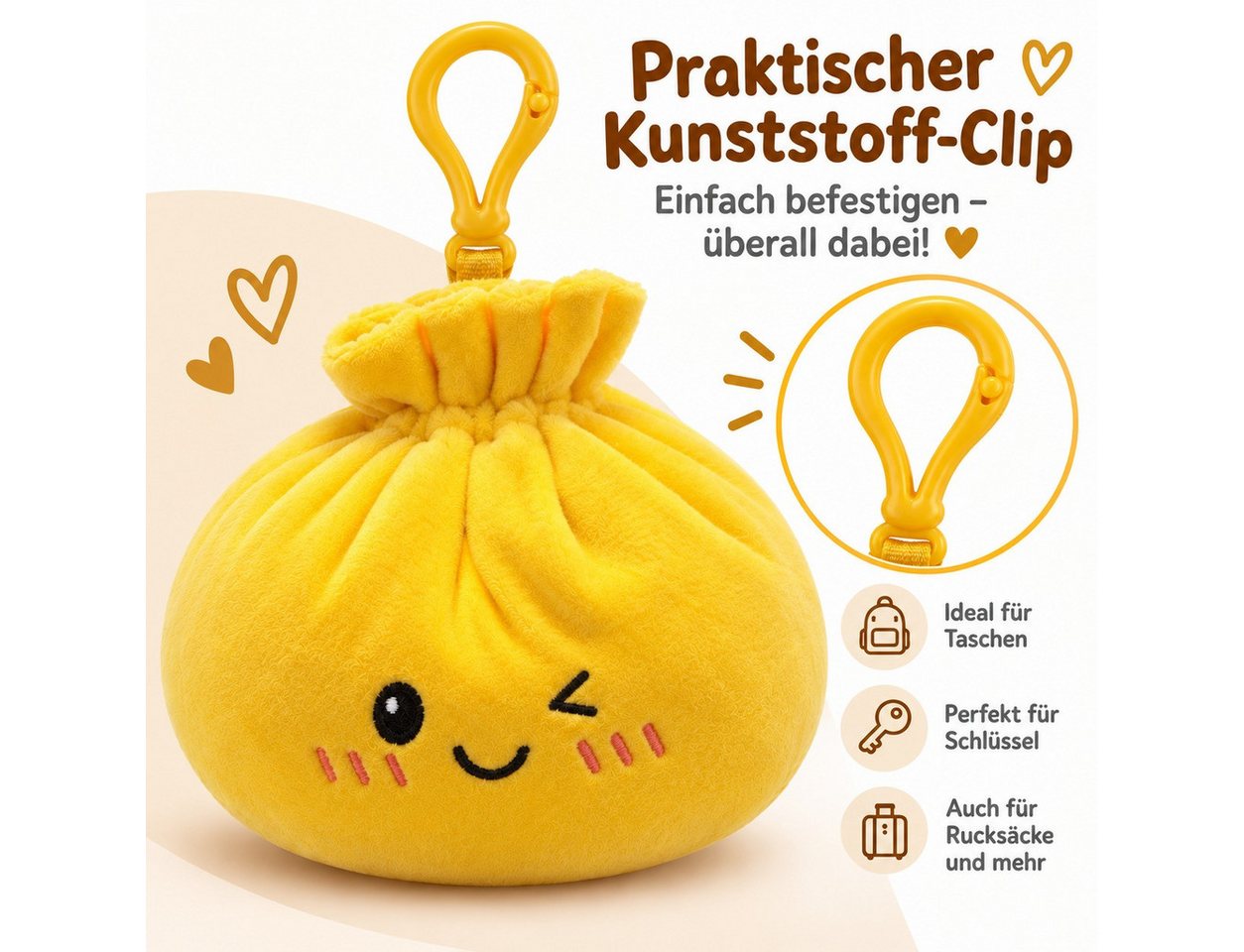 Bert Struis Gepäckanhänger Kawaii Dumpling Bagclip Taschenanhänger Schlüsselanhänger 12cm gelb (Set, 1-St., Geschenk-Set) Plüschanhänger mit niedlichem Kawaii-Gesicht Fluffige Polyesterfüllung