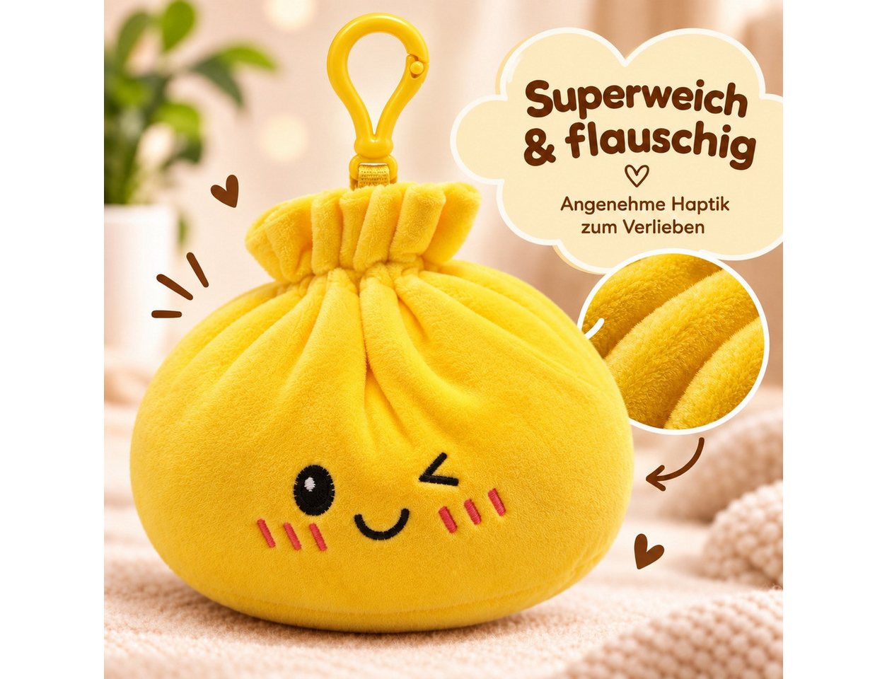 Bert Struis Gepäckanhänger Kawaii Dumpling Bagclip Taschenanhänger Schlüsselanhänger 12cm gelb (Set, 1-St., Geschenk-Set) Plüschanhänger mit niedlichem Kawaii-Gesicht Fluffige Polyesterfüllung Bild 2