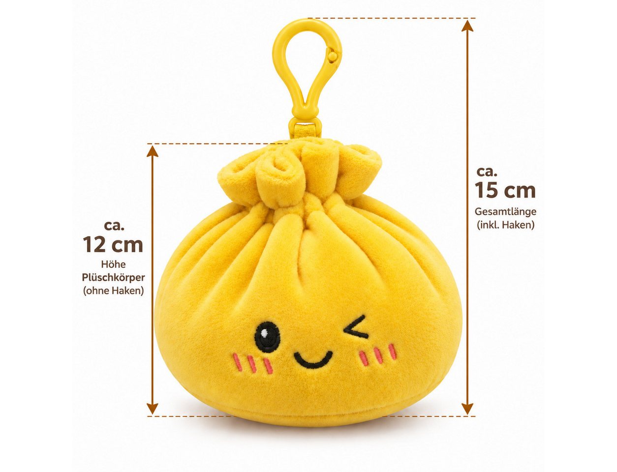Bert Struis Gepäckanhänger Kawaii Dumpling Bagclip Taschenanhänger Schlüsselanhänger 12cm gelb (Set, 1-St., Geschenk-Set) Plüschanhänger mit niedlichem Kawaii-Gesicht Fluffige Polyesterfüllung Bild 4