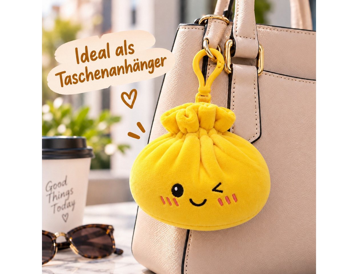 Bert Struis Gepäckanhänger Kawaii Dumpling Bagclip Taschenanhänger Schlüsselanhänger 12cm gelb (Set, 1-St., Geschenk-Set) Plüschanhänger mit niedlichem Kawaii-Gesicht Fluffige Polyesterfüllung Bild 5
