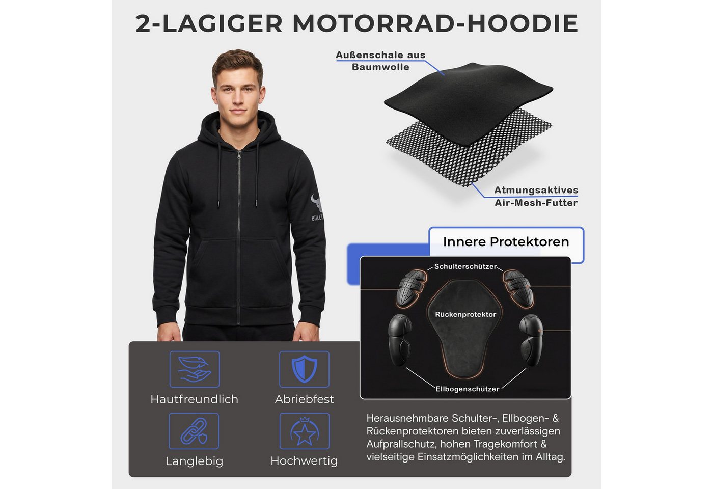 BULLDT Motorradjacke BLD1302 Hoodie (mit 5CE Protektoren) Herren Motorradhoodie mit 5CE-Protektoren Bild 2