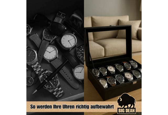 BigDean Uhrenbox für 12 Uhren Glasdeckel - schicke Uhrenbox Herren Watch Box (Packung, 1 St., Uhrenbox), Edle Optik, Kunstleder, Sammler, Samtfutter