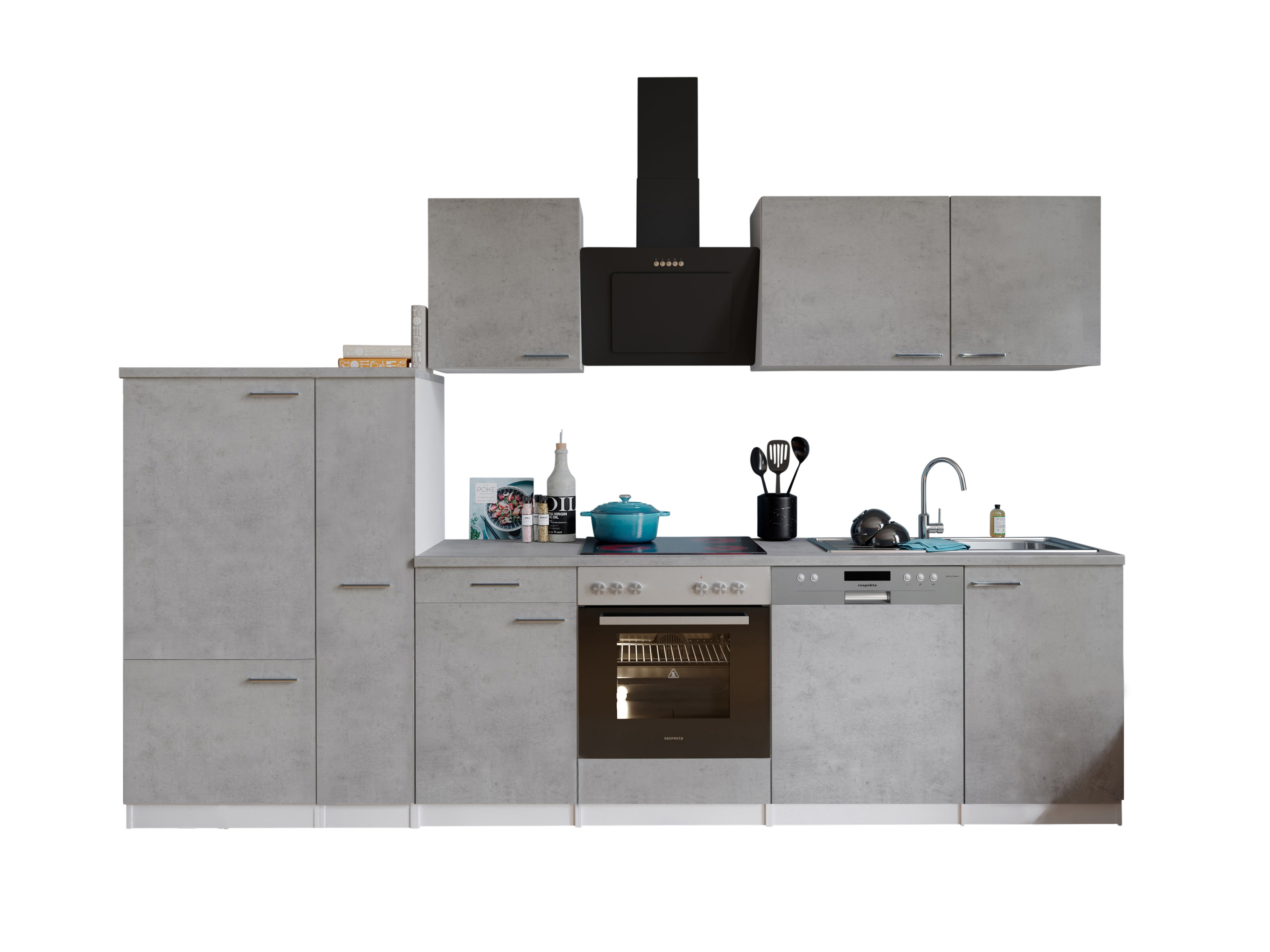 RESPEKTA Küche Malia (Glask.kochf., Kühlschr., GSP, Beton, 310 cm)