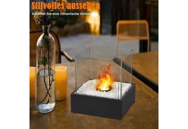 FIVMEN Tischfeuer Ethanol Tischkamin Indoor Outdoor Eckig/Rund Kamin Tischfeuerstelle (inkl Natursteinen, Unendliche Brenndauer, Balkon Deko Garten)