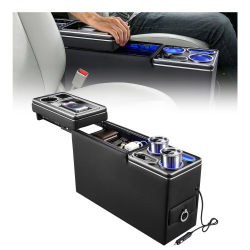 VEVOR Mittelkonsole 15 W 7-Farben LED Auto-Organizer zwischen den Sitzen für Smartphones und Elektronikgeräte, 5 V/3 A QC, 5 V/3 A PD-Typ-C, 12-24-V-Buchse, 3 Getränkehalter, Staufach und Schublade