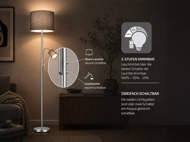 TRIO Leuchten LED Stehlampe mit Leselampe & Stoffschirm Höhe 170cm, Dimmfunktion, LED wechselbar, Warmweiß, Designklassiker Steh-Leuchte groß für Lese-Ecke stehend