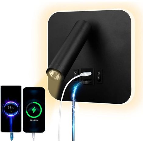 Sabir Led-leselampe, Usb-typ-c-wandleuchte, Doppelsteckdosen-ladeschalter, Verstellbarer 12-w-led-projektor, 3000 K, Drehbare Aluminium-nachttischlampe (rund, Schwarz)