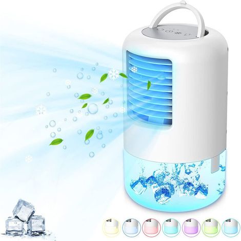 Sabir Tragbare Klimaanlage, 3-in-1 Luftkühler, Ventilator, Luftbefeuchter, Tragbare Klimaanlage Mit 500-ml-wassertank, 3 Geschwindigkeitsstufen, Persönliche Klimaanlage Mit Farbigen Nachtlichtern