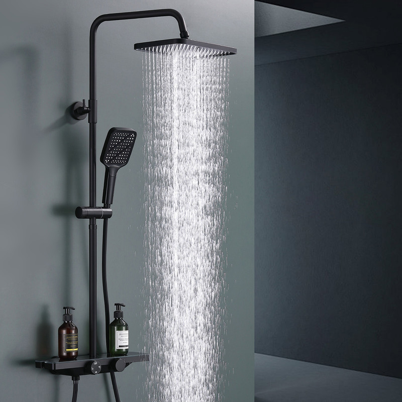 Thermostat Duschsäule Schwarz Mit Integrierter Ablage 3 Strahl Handbrause Wasserfall Auslauf Höhenverstellbar Ohne Zusatzbohrung Messingkörper
