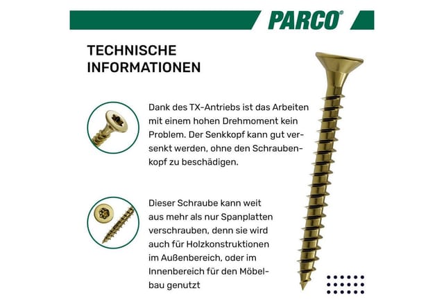 PARCO Spanplattenschraube Senkkopf Torx Verzinkt, Spanplattenschrauben, Deutsche Qualität