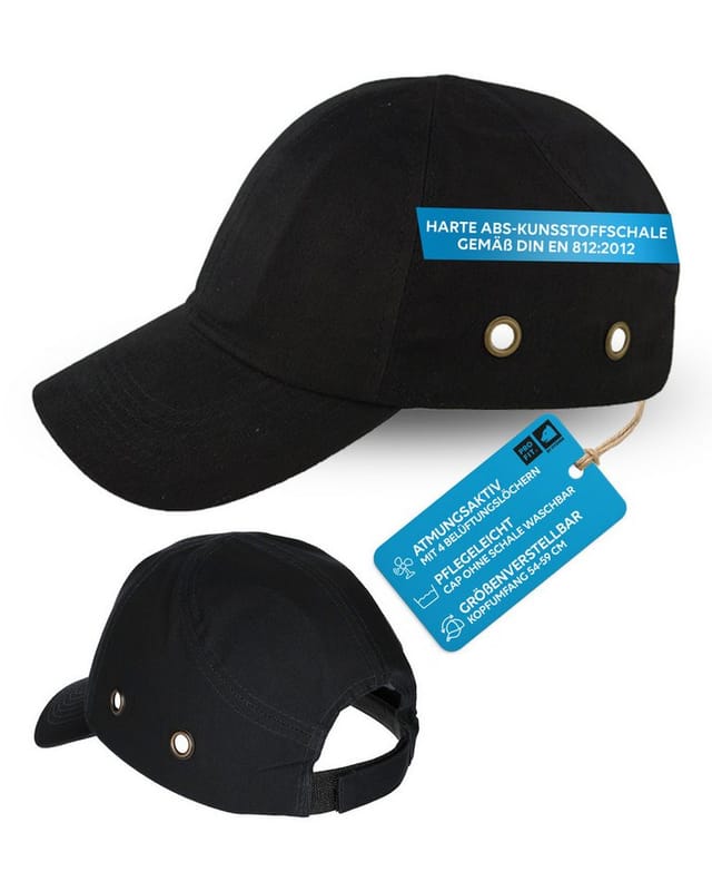 PRO FIT Sicherheitshelm, Baseballcap, Anstoßkappe in Baseballmützen Style, Uni Cap mit Schirm (1, Stück), aus waschbarer Baumwolle, mit Belüftungslöchern - Schwarz