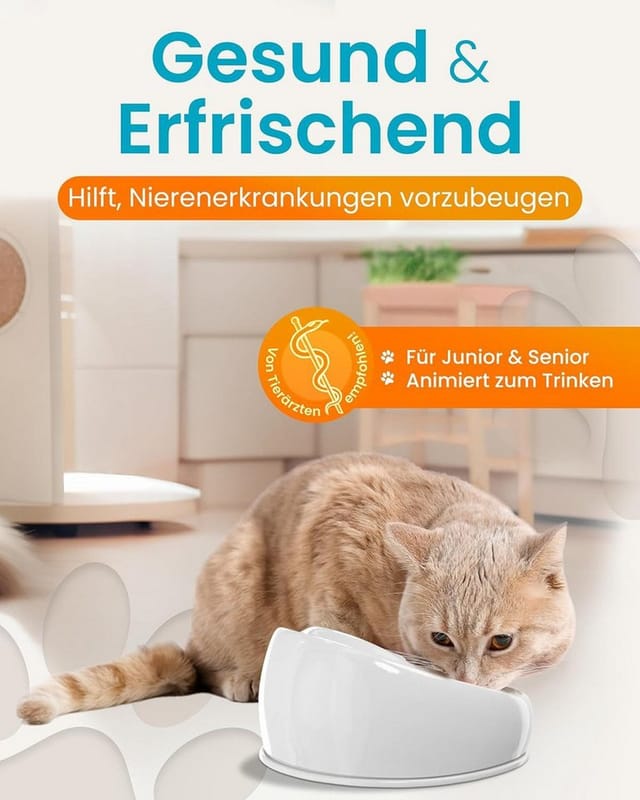 Lucky-Kitty Trinkbrunnen 1,5L Trinknapf für Katzen aus Keramik mit Pumpe für fließendes Wasser, Katzenbrunnen, extralanges Kabel (ca. 2m), für Spülmaschinen geeignet