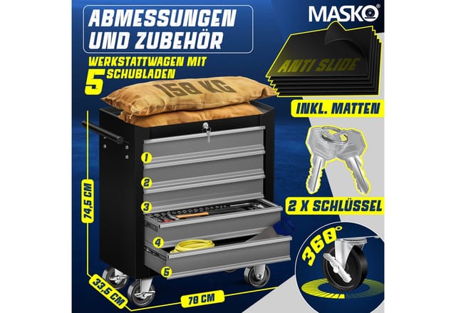MASKO Werkstattwagen Profi Werkzeugwagen mit 5 Schubladen, abschließbar, massives Metall, 5 Fächer Grau, max. Traglast:150 kg, Rollwagen zur Werkzeugaufbewahrung mit Schloss & 2 Schlüssel