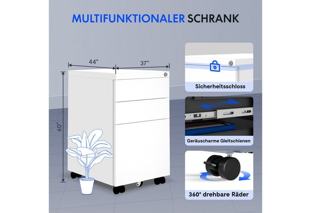 FLEXISPOT Rollcontainer Aufbewahrungsschrank, Büroschrank MIT Schloss, vormontiert, (inkl. 3 Schubladen, grundsolide Verarbeitung, Bürocontainer mit Schubladen für A4), optimal für Schreibtisch, Büromöbel, Aktenschränke, Büro-Rollcontainer