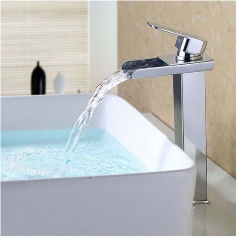Sabir Wasserfall-waschtischarmatur, Hochauslauf-waschtischarmatur, Verchromter Edelstahlkorpus, Modernes Design