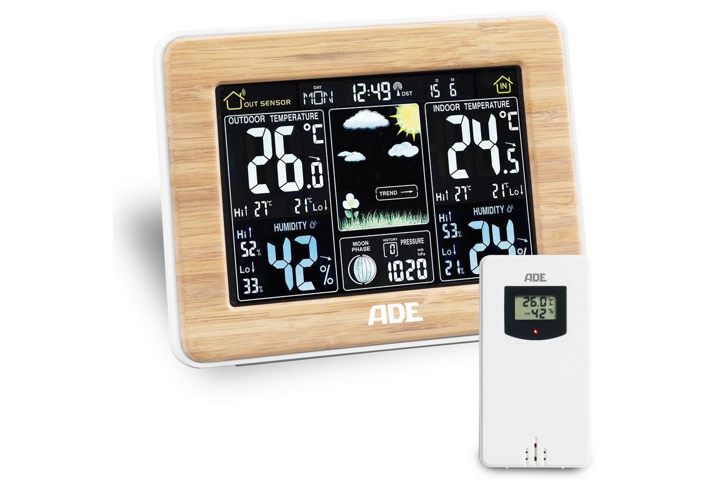 ADE Wetterstation Funk mit Außensensor, mit animierter Vorhersage Funkwetterstation (mit Barometer, LED-Farbdisplay, Funkwecker, Bambusrahmen)