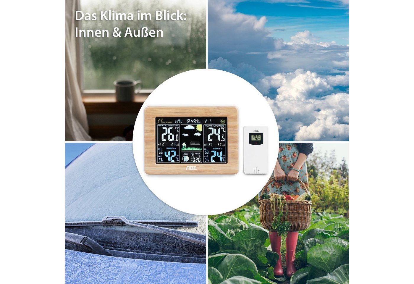 ADE Wetterstation Funk mit Außensensor, mit animierter Vorhersage Funkwetterstation (mit Barometer, LED-Farbdisplay, Funkwecker, Bambusrahmen) Bild 2