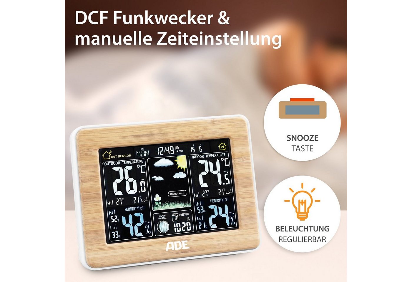 ADE Wetterstation Funk mit Außensensor, mit animierter Vorhersage Funkwetterstation (mit Barometer, LED-Farbdisplay, Funkwecker, Bambusrahmen) Bild 3