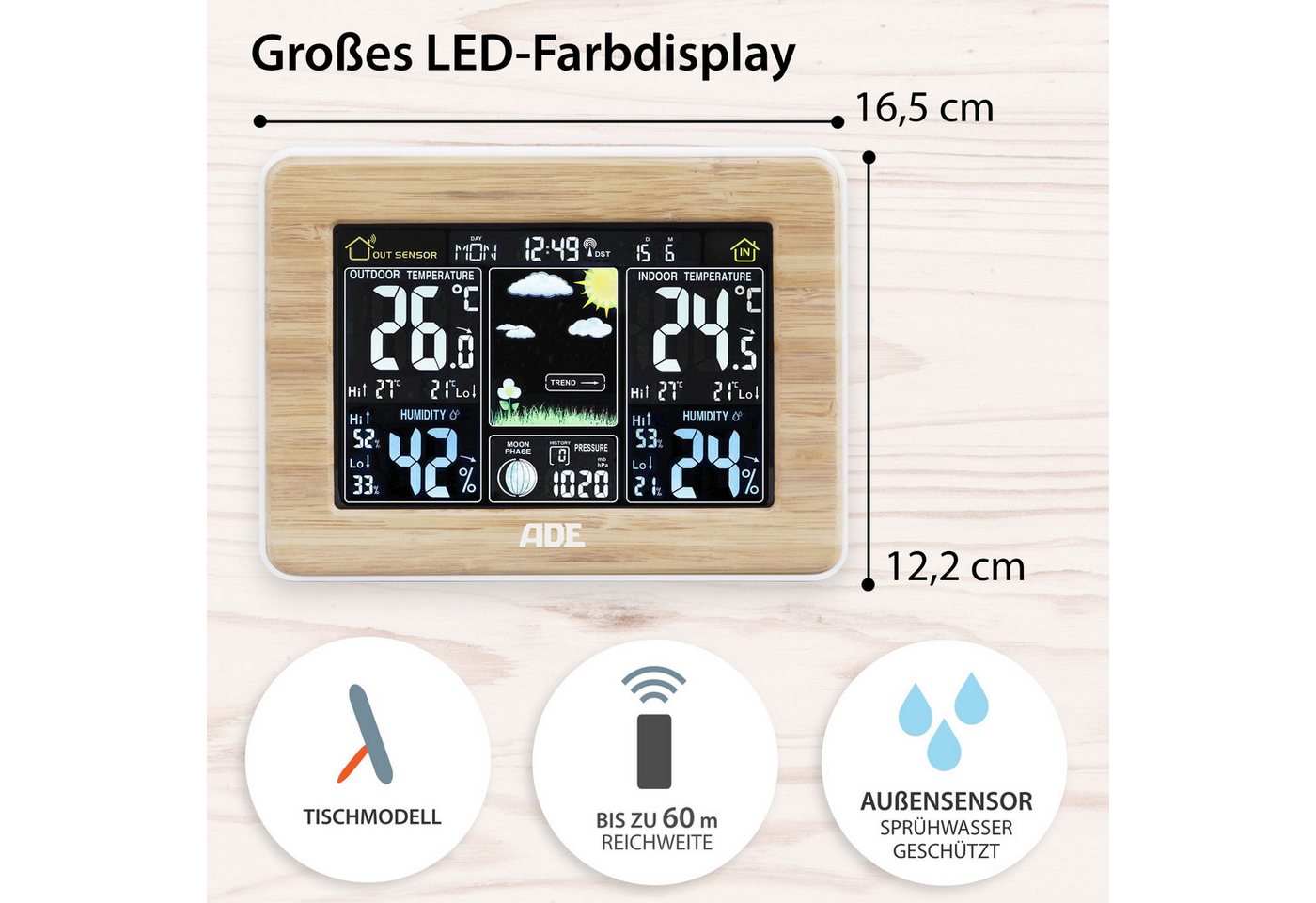 ADE Wetterstation Funk mit Außensensor, mit animierter Vorhersage Funkwetterstation (mit Barometer, LED-Farbdisplay, Funkwecker, Bambusrahmen) Bild 5