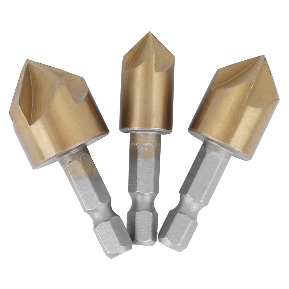 3-teiliges Fasenfräser-set, Hss-holzbearbeitungswerkzeug, Vergoldeter Sechskant, 5 Zähne, 90°-winkel, 12–19 Mm