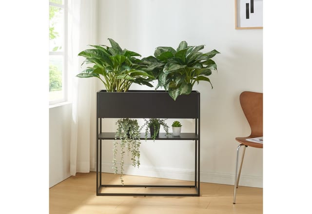 en.casa Blumenkasten, »Joensuu« Hochbeet mit Ablage 80 x 80 x 25 cm Stahl Schwarz