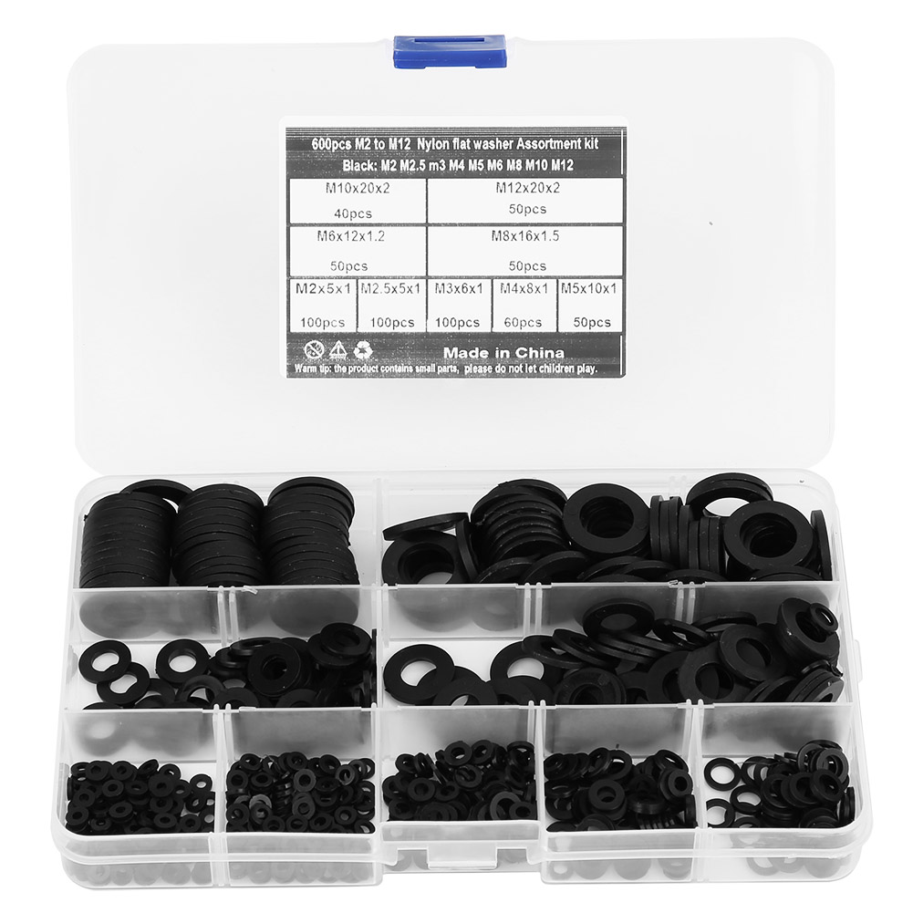 600-teiliges Set Schwarzer Nylon-unterlegscheiben M2 Bis M12 – 9 Größen Für Heimwerker Und Reparaturen