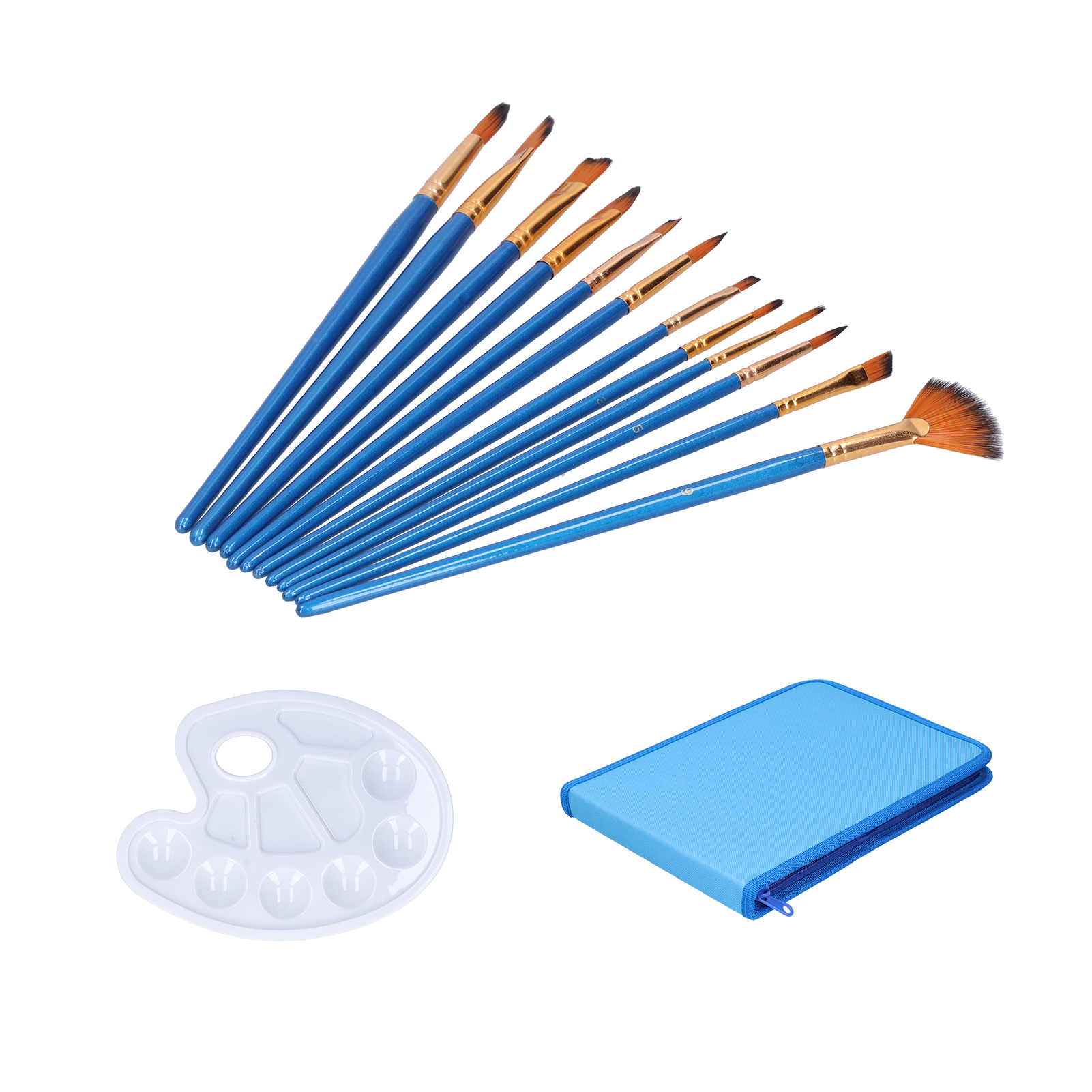12-teiliges Nylonpinselset Für Aquarell-, Öl- Und Acrylfarben Mit Palette – Typ317 Blau