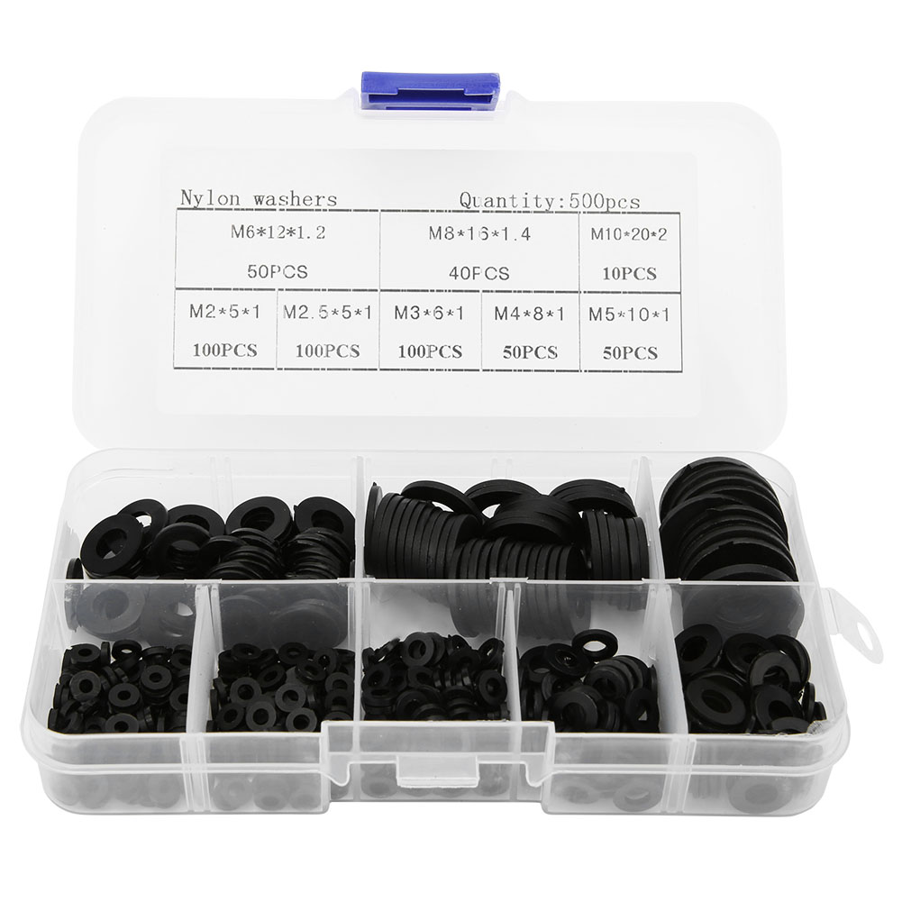 500 Stück/box Sortierte Nylon-unterlegscheiben M2 Bis M10, Befestigungselemente, Schwarz