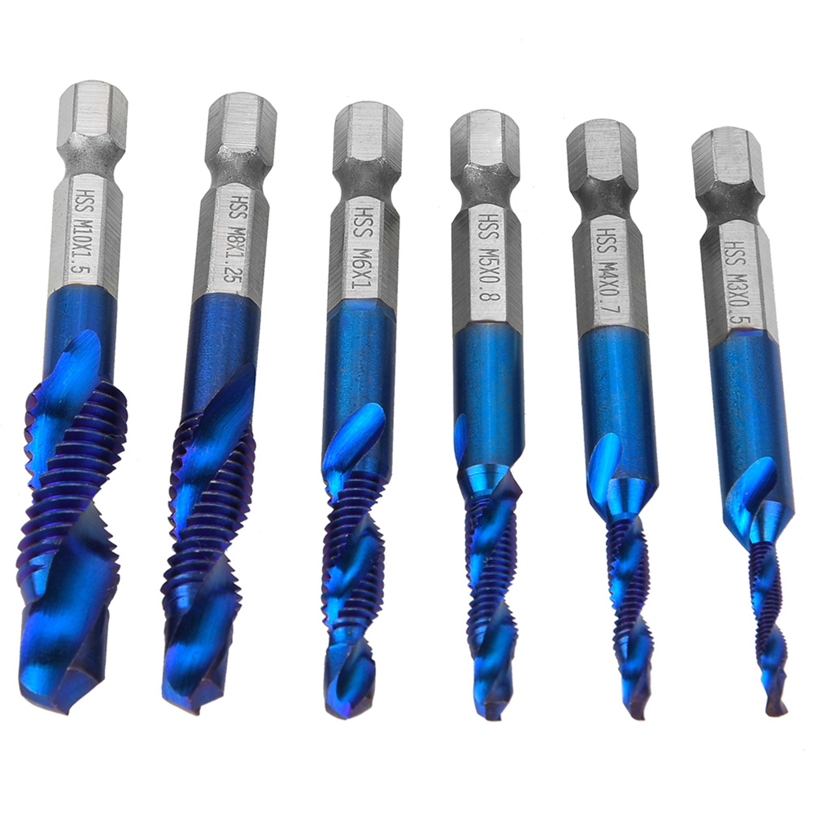 6-teiliges Set Hss-gewindebohrer Und -bohrer 6,35 Mm Für Gewindeschneiden M3, M4, M5, M6, M8, M10, Typ C, Sechskantschaft