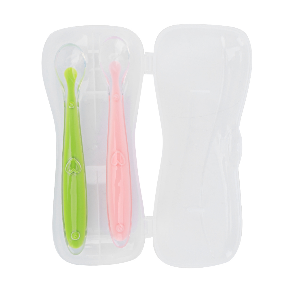 2er-set Silikonlöffel Mit Weicher Spitze Für Babys Ab 4 Monaten Mit Box (grün Und Rosa)