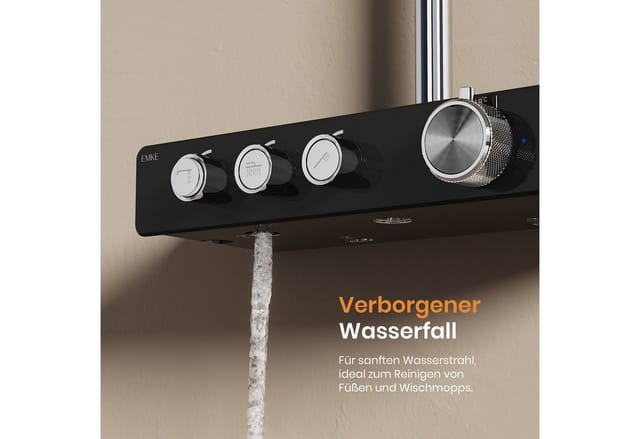 EMKE Duschsystem Thermostat Duschsystem Rund, Regendusche Set mit Duschkopf und Armatur, Höhe 131 cm, 3 Strahlart(en), Brausegarnitur Duschsäule mit 150cm Schlauch