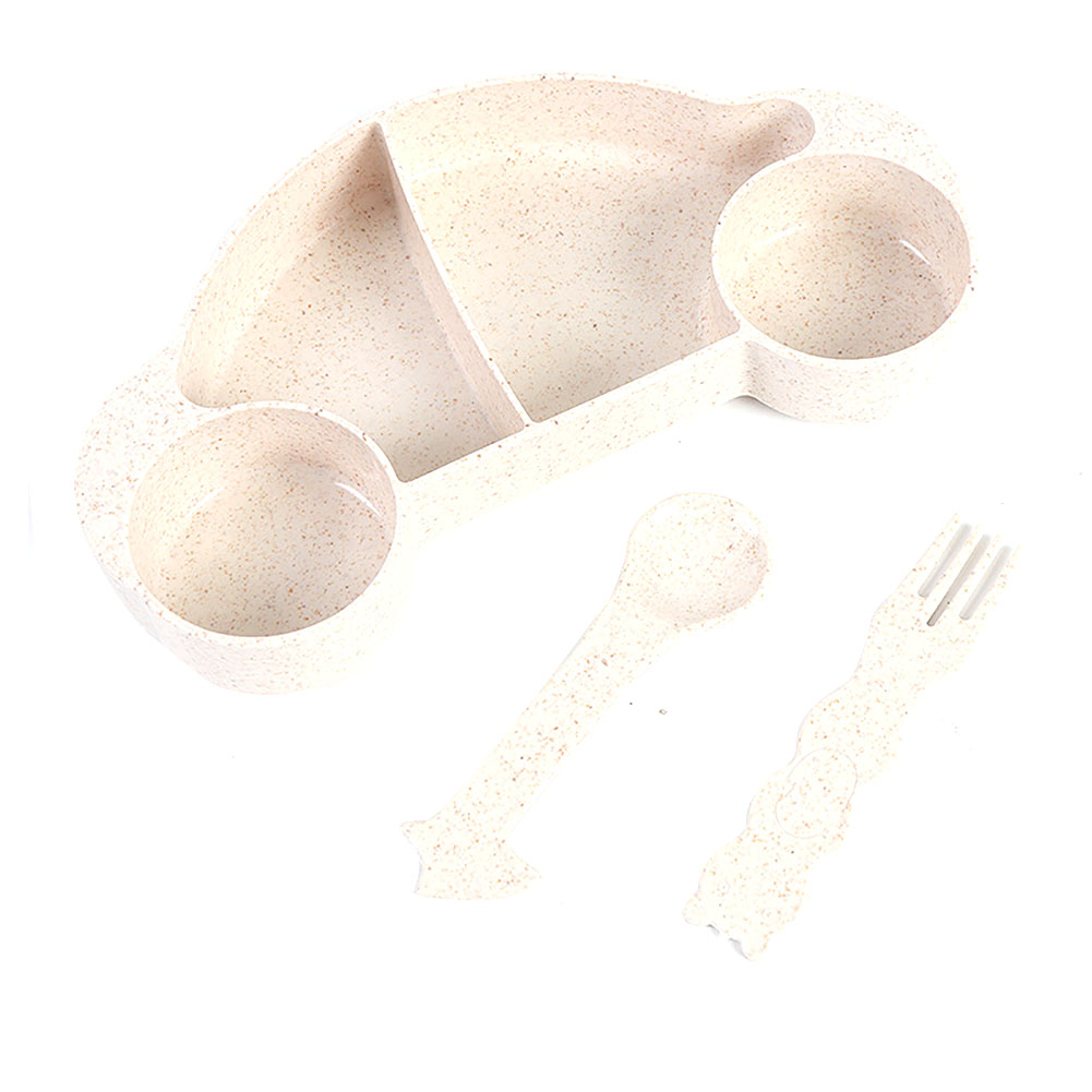 Kinderbesteckset Aus Weizenstroh, 3-teilig: Schüssel, Löffel Und Gabel, Cartoon-design Und Khakifarben.