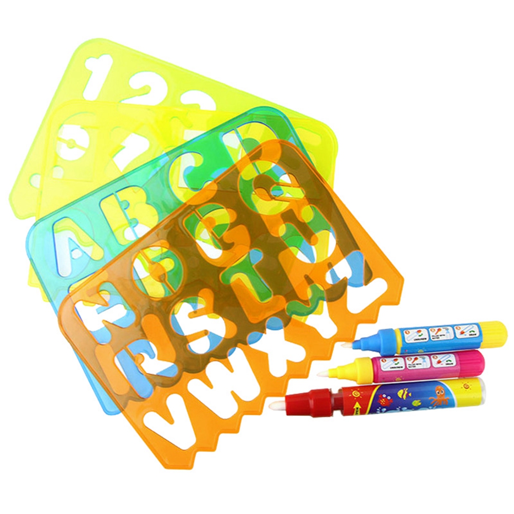 4-teiliges Set Geometrischer Alphabet-malvorlagen Aus Kunststoff Für Kinder Mit 3 Stiften – Hohlzeichen-schablonen